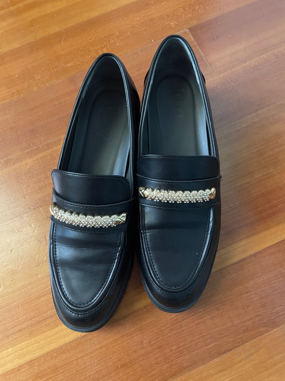 Franco Sarto Black Loafers with Gold Chain Accent